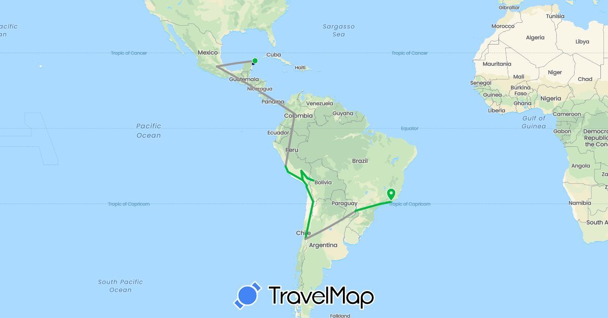TravelMap itinerary: driving, bus, plane, boat in Argentina, Bolivia, Brazil, Chile, Colombia, Mexico, Peru (North America, South America)